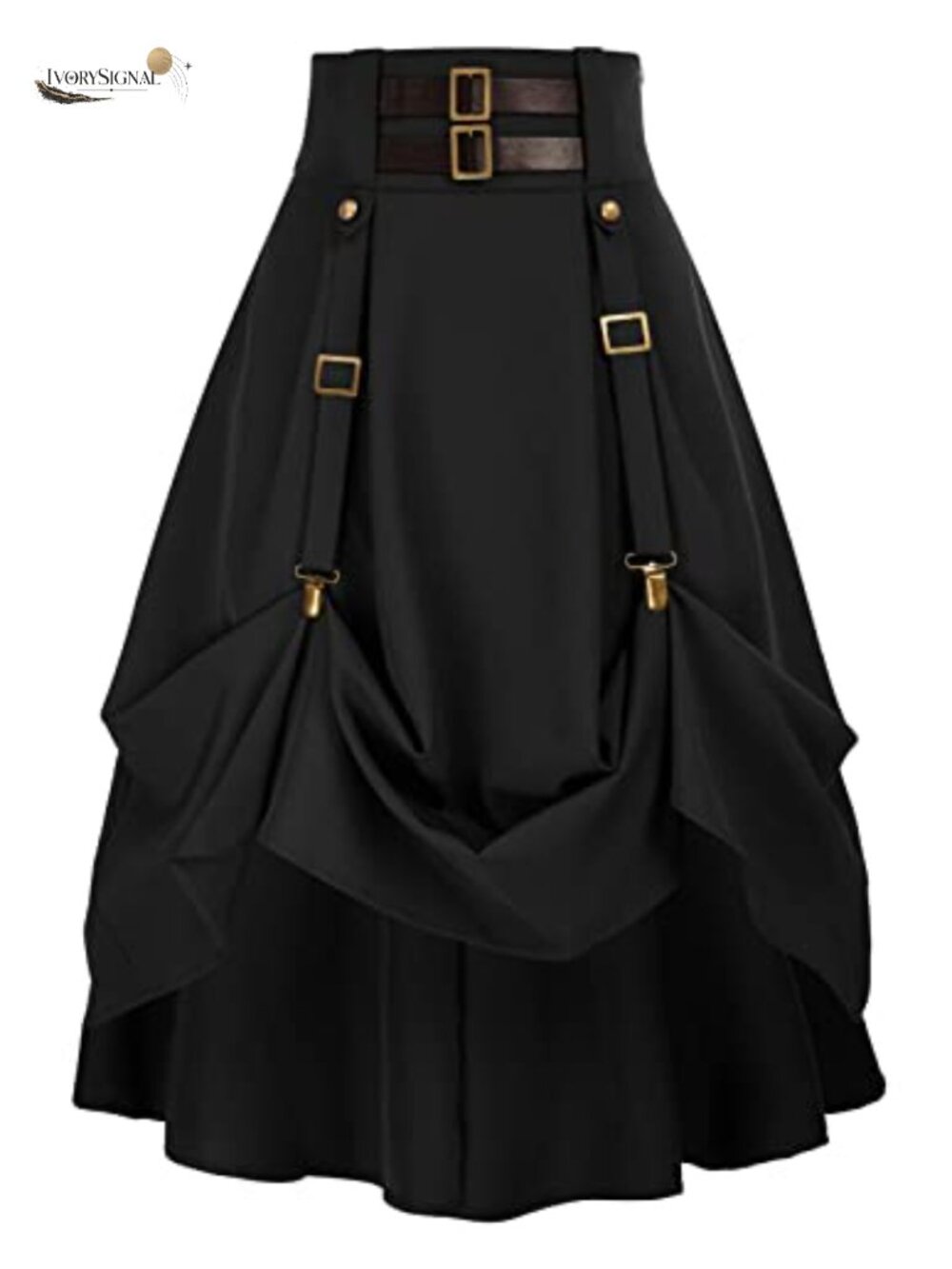 Steampunk Gothic High Low Midi Skirt Adjustable High Waist with Pockets